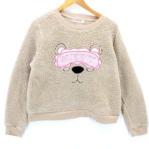 Weekend Edition Sherpa Chunky Sweater Womens Brown Tan Sleepy Bear Face L